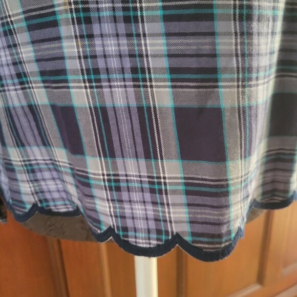Talbots Plaid Scalloped Trim Floral Embroidered Top Blouse Size S Blue Purple - Picture 3 of 8